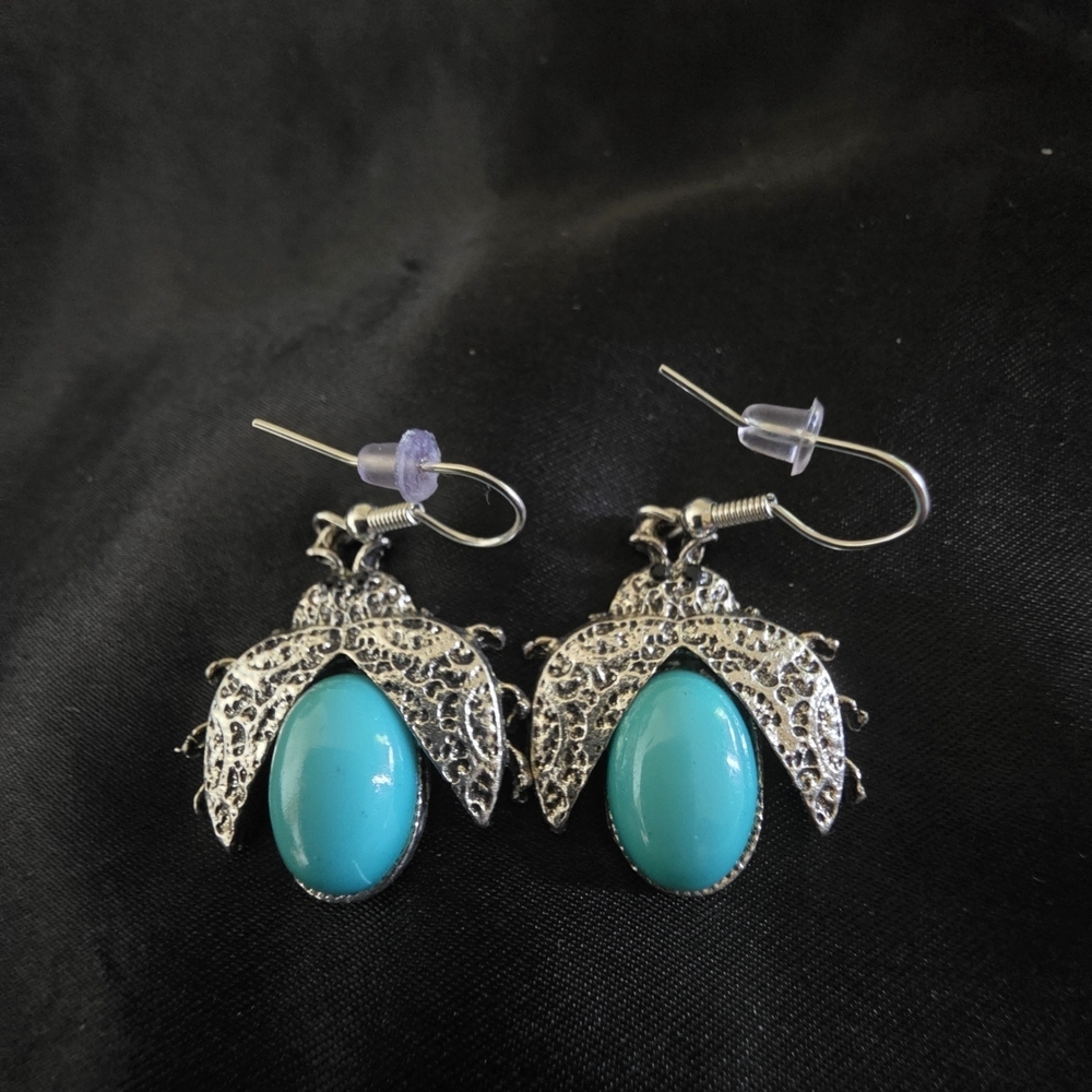 Turquoise and Silver Leaf Earrings - Picture 3 of 3